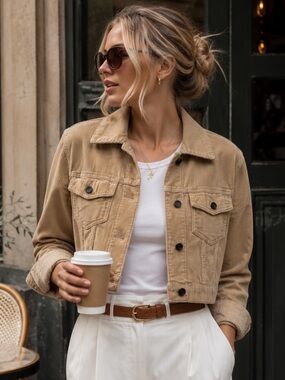 Hollister Cropped Tan Corduroy Trucker Jacket Medium Neutral Cotton Shacket